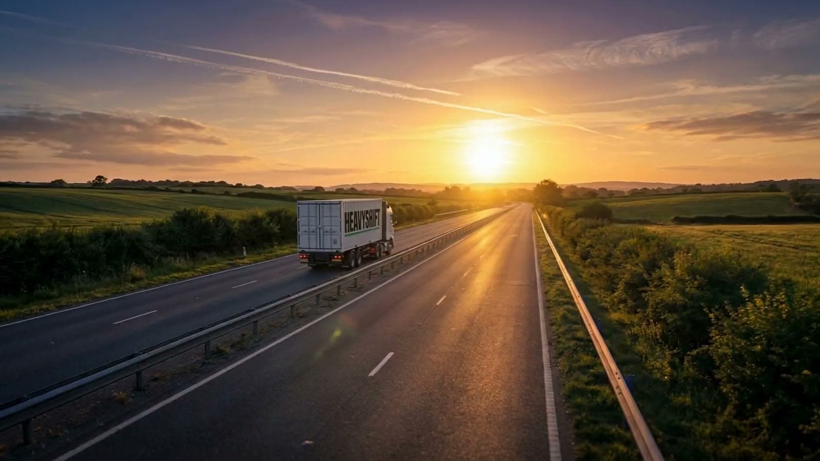 HeavyShift lorry on an English motorway at sunset